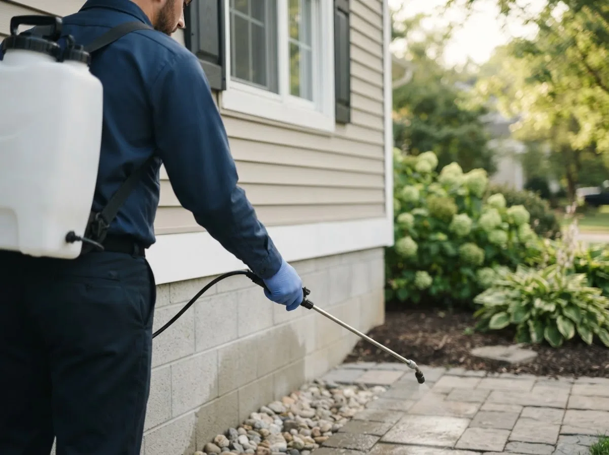 Pest control technician inspecting a home in Irvona, PA